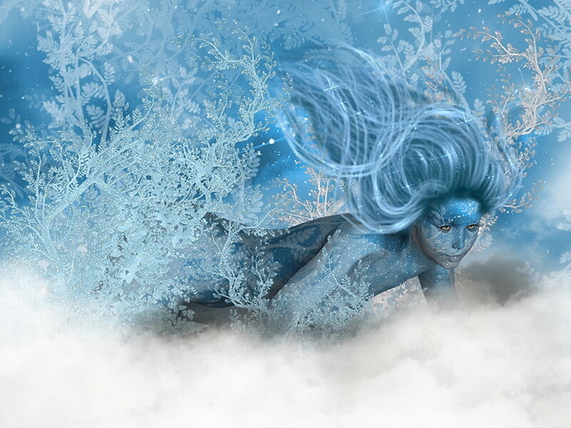 frozen woman in icy landscape