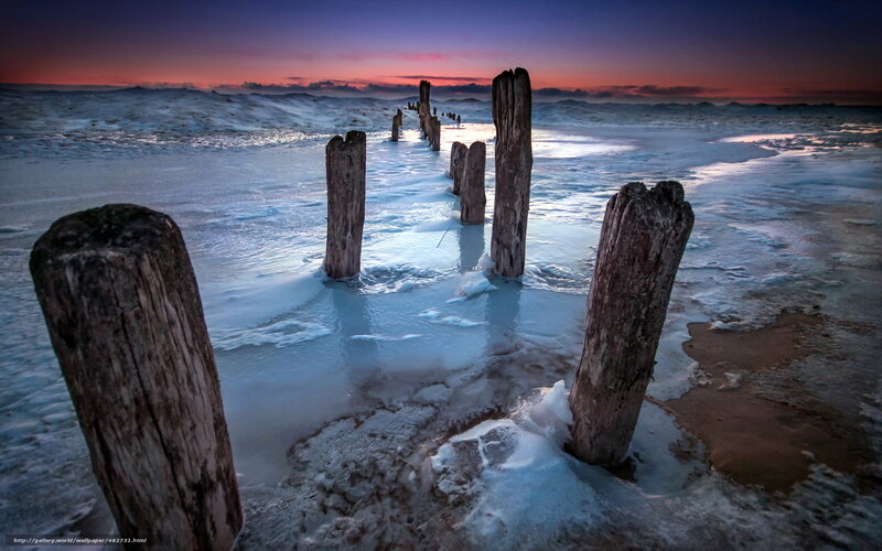 Frozen wooden posts at sunset