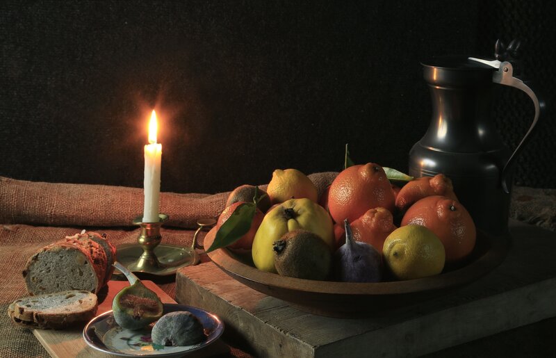 Fruit and Bread on Table