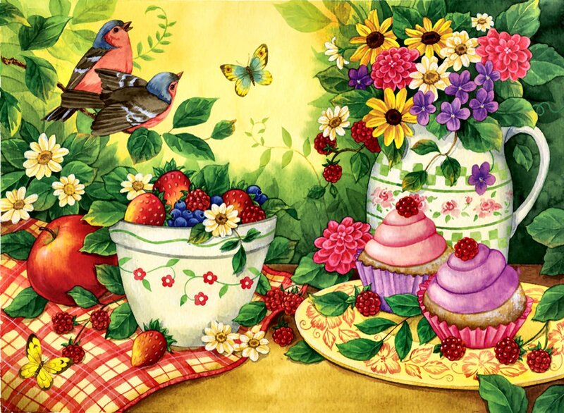 Fruit and Cupcakes on Table