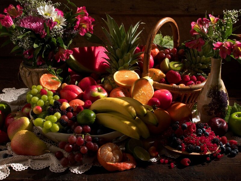 Fruit and Flower Arrangement — Brown, Dramatic, Photograph, Flowers, Basket