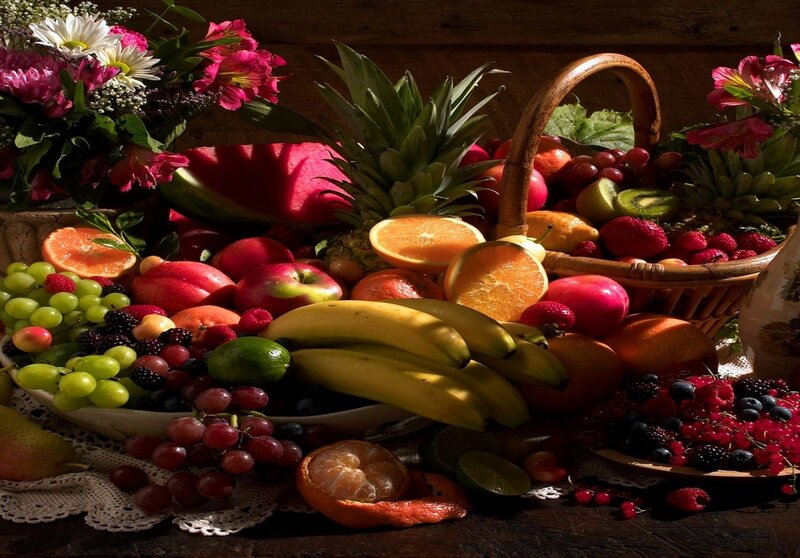 Fruit and Flower Arrangement — Brown, Dramatic, Photograph, Flowers
