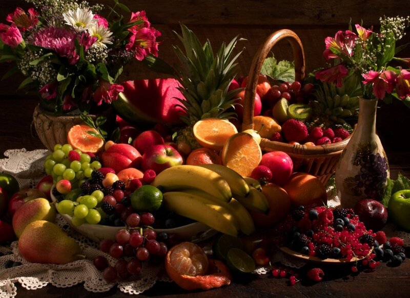 Fruit and Flower Arrangement — Brown, Dramatic, Photograph