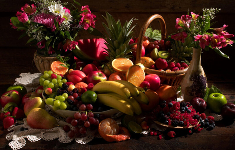Fruit and Flower Arrangement — Brown, Dramatic