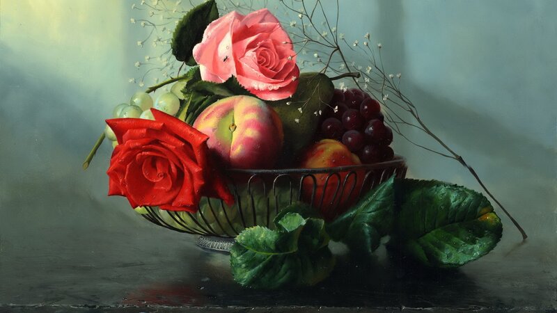Fruit and Flower Arrangement — Red, Dramatic