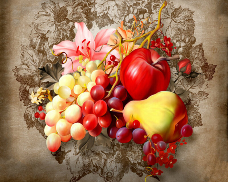 Fruit and Flower Arrangement — Red