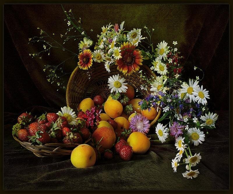 Fruit and flowers in a basket