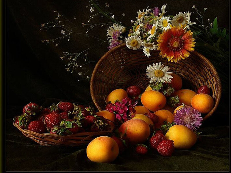 Fruit and Flowers in Basket — Brown, Dramatic