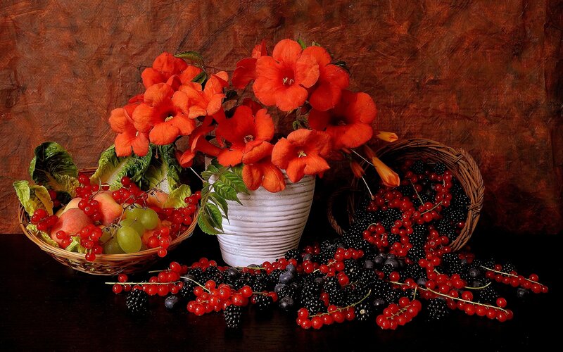 Fruit and Flowers in Basket — Red, Dramatic