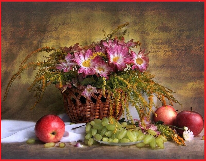 Fruit and Flowers in Basket — Red