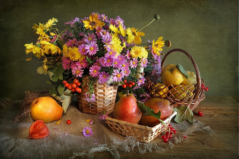 Fruit and Flowers in Baskets — Brown, Calm
