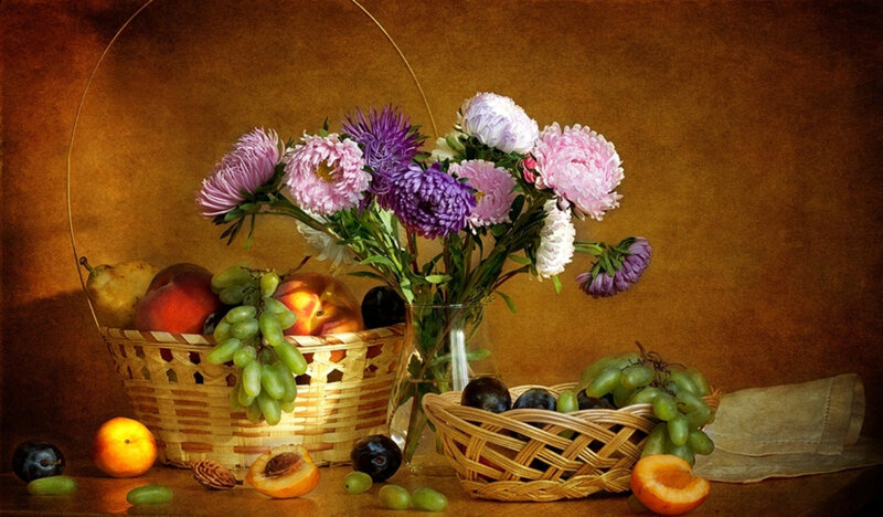 Fruit and Flowers in Baskets — Brown