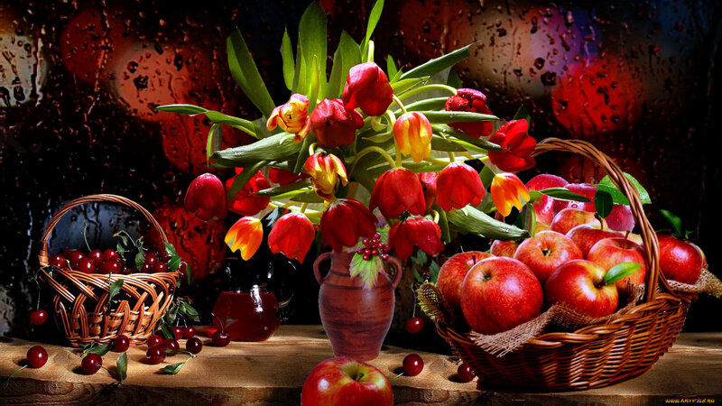 Fruit and Flowers in Baskets — Red, Dramatic