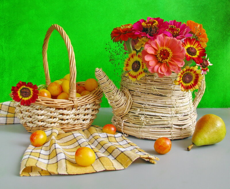 Fruit and flowers in baskets