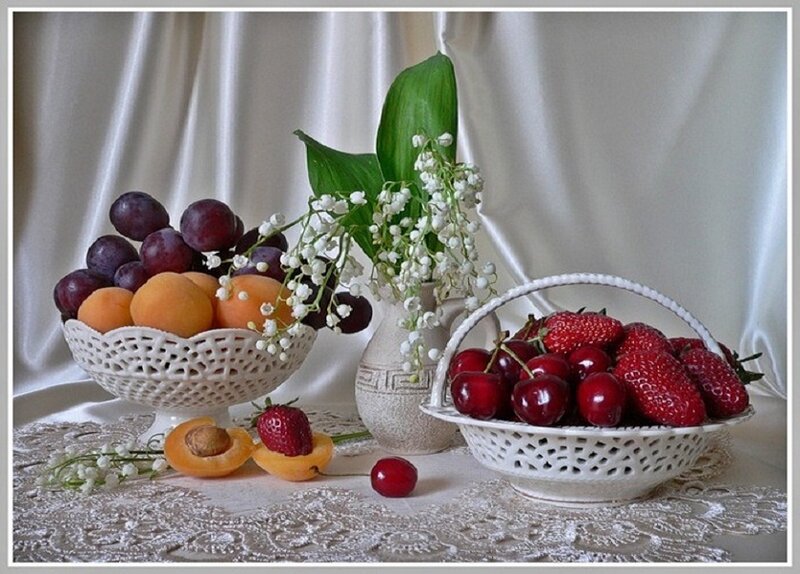 Fruit and Flowers in Baskets — White, Serene
