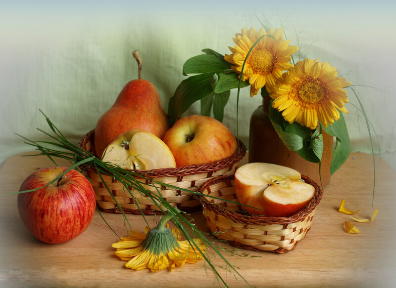 Fruit and Flowers in Baskets — Yellow, Calm, Afternoon