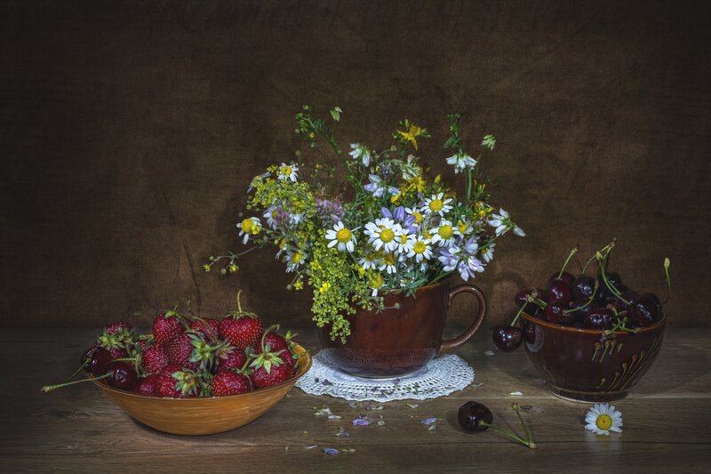 Fruit and Flowers in Bowls