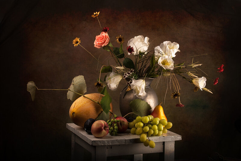 Fruit and Flowers in Vase — Brown