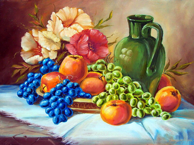 Fruit and Flowers in Vase — Green, Calm