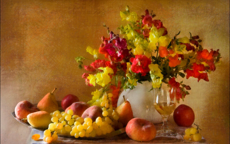 Fruit and Flowers in Vase — Yellow
