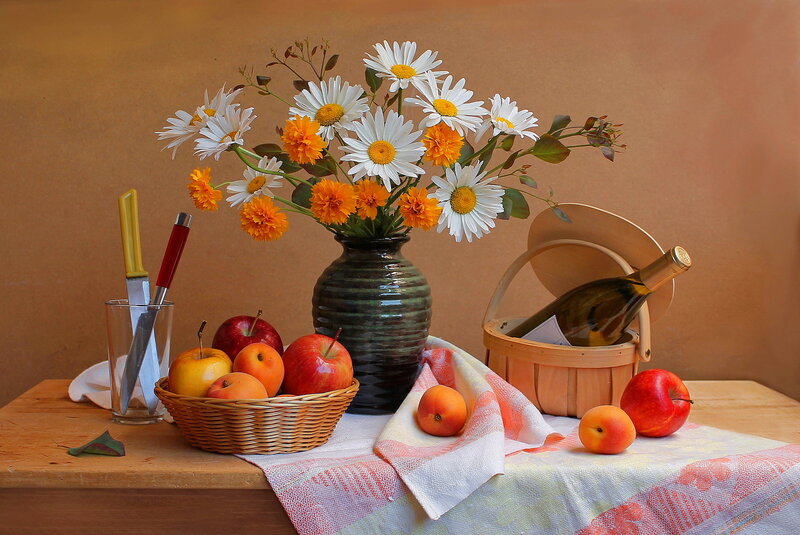 Fruit and Flowers on Table — Brown, Calm, Afternoon