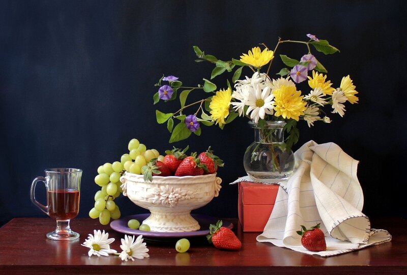 Fruit and Flowers on Table — Brown, Calm, Photograph, Grapes