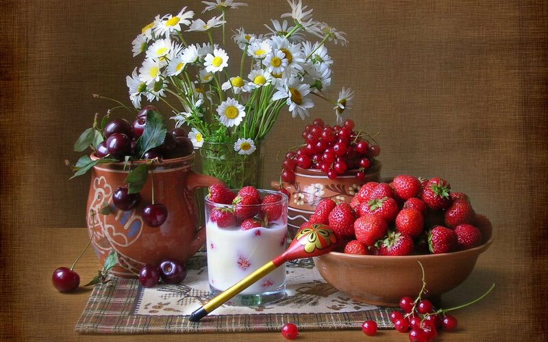 Fruit and Flowers on Table — Brown, Calm, Photograph, Strawberries