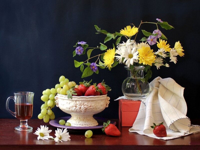 Fruit and Flowers on Table — Brown, Calm, Photograph