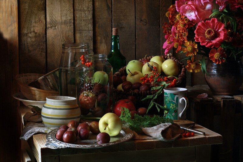 Fruit and Flowers on Table — Brown