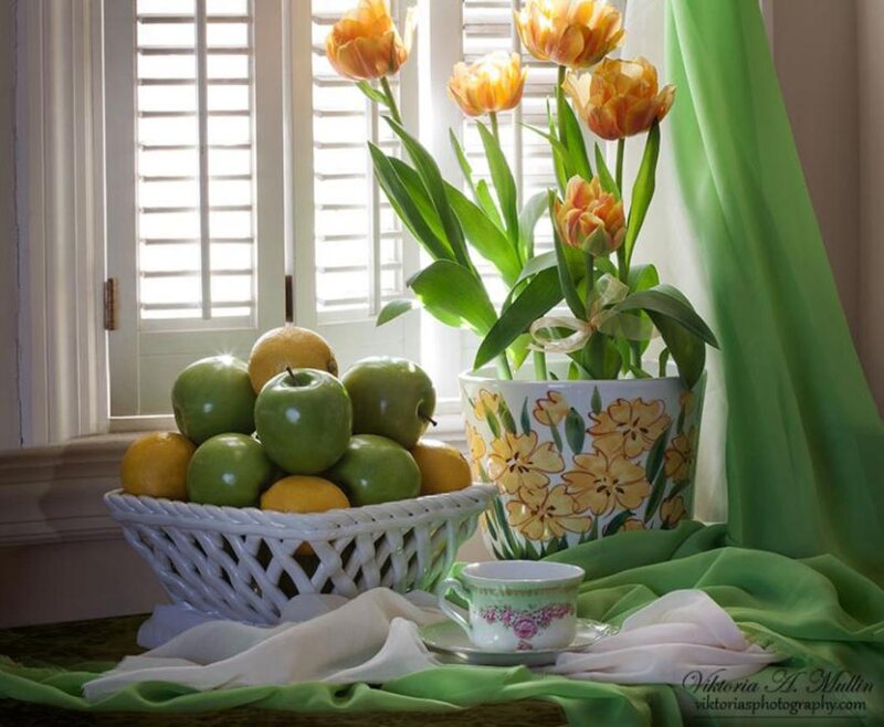 Fruit and Flowers on Table — Green, Serene, Morning