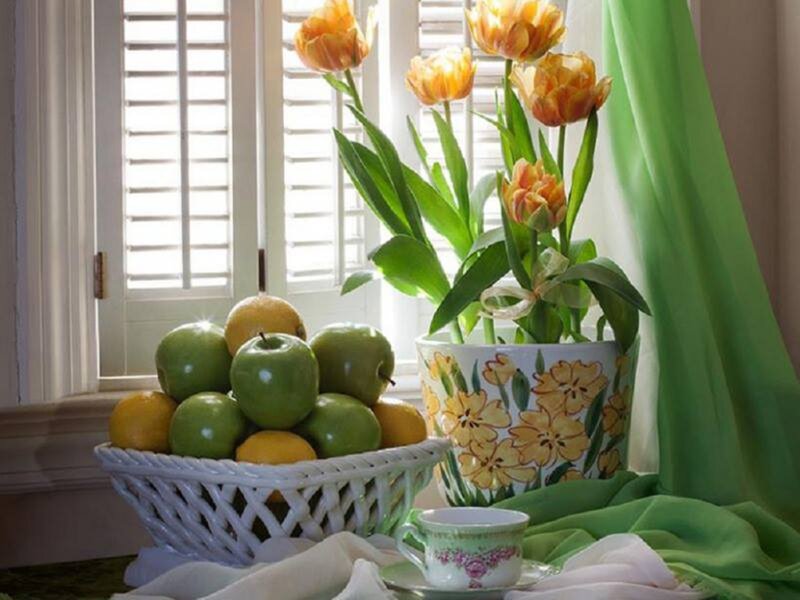 Fruit and Flowers on Table — Green, Serene