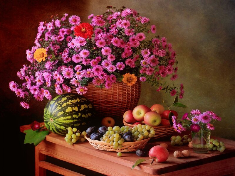 Fruit and Flowers on Table — Pink, Calm