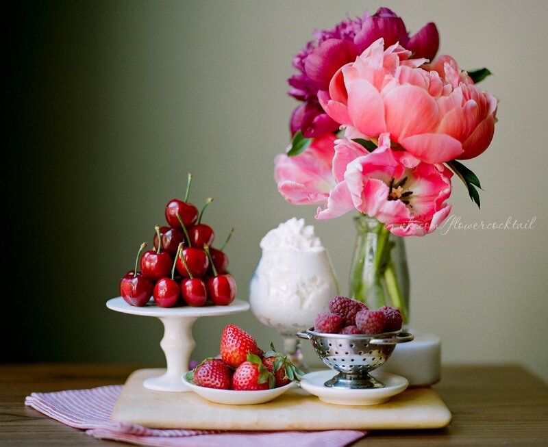 Fruit and Flowers on Table — Pink