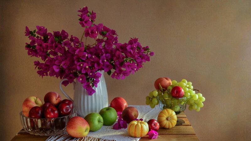 Fruit and Flowers on Table — Purple, Calm