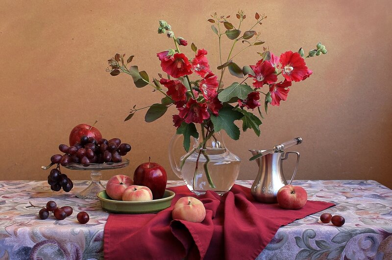 Fruit and Flowers on Table — Red, Calm