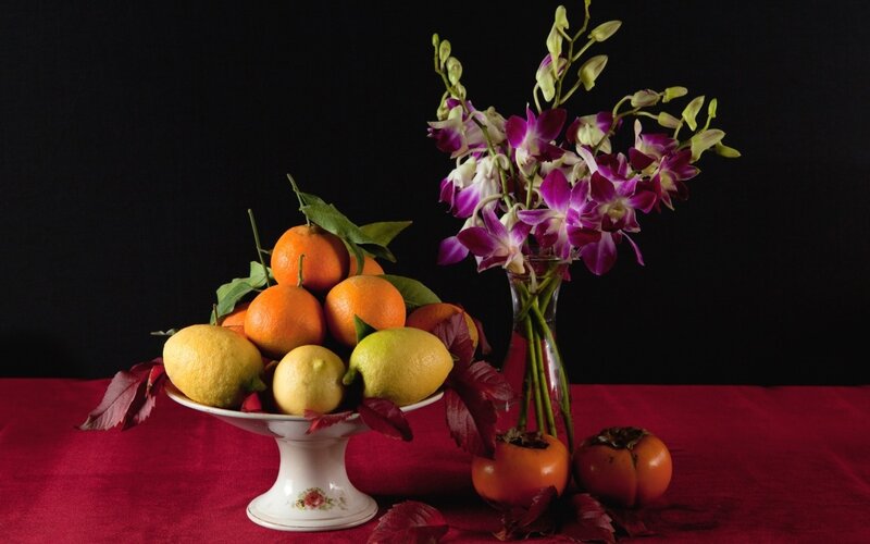 Fruit and Flowers on Table — Red, Dramatic, Photograph, Oranges