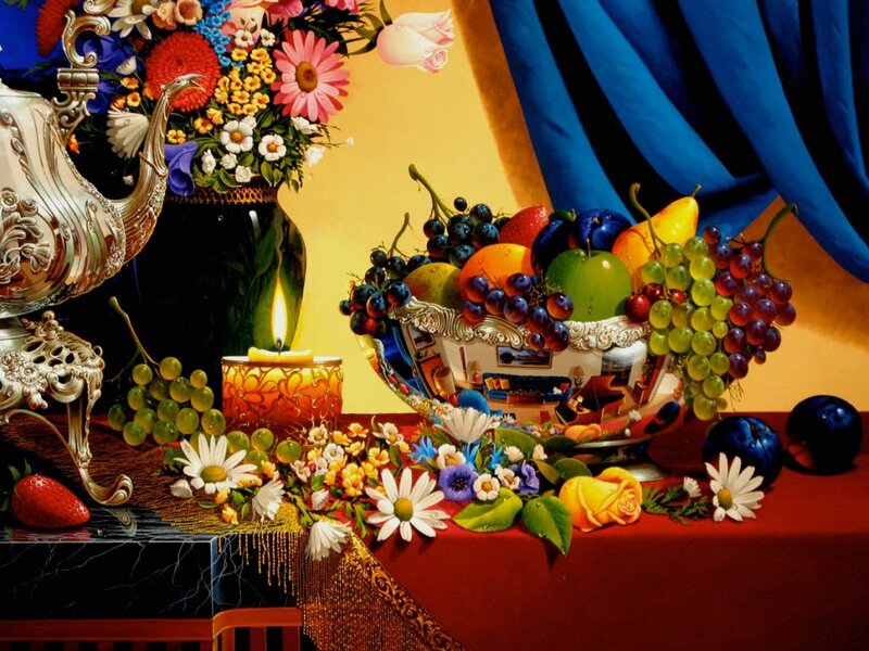 Fruit and Flowers on Table — Red, Dramatic