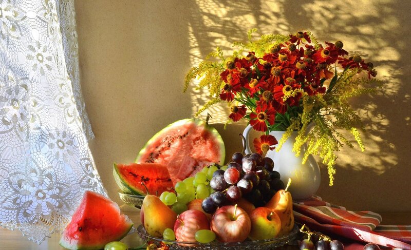 Fruit and Flowers on Table — Red, Serene, Afternoon