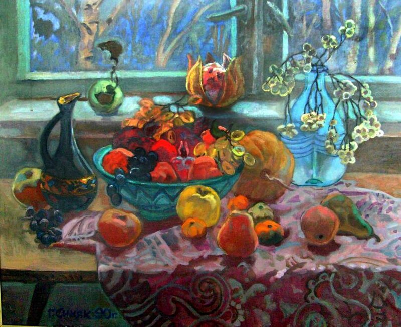 Fruit and Flowers on Table — Red