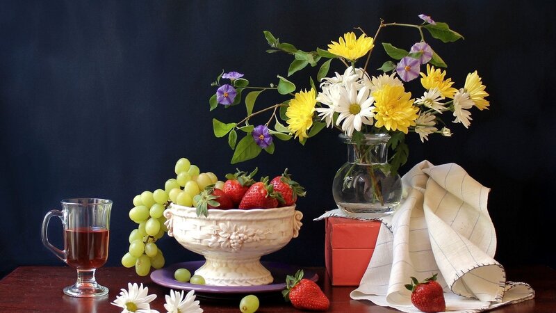 Fruit and Flowers on Table — White, Calm