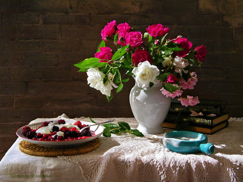 Fruit and Flowers on Table — White