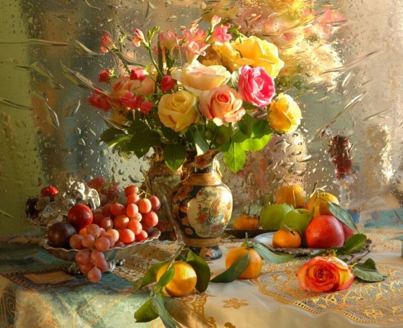 Fruit and Flowers on Table — Yellow, Serene