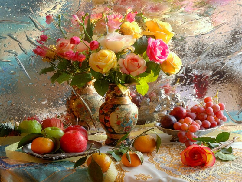 Fruit and Flowers on Table — Yellow