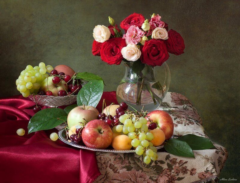 Fruit and Flowers Still Life — Red