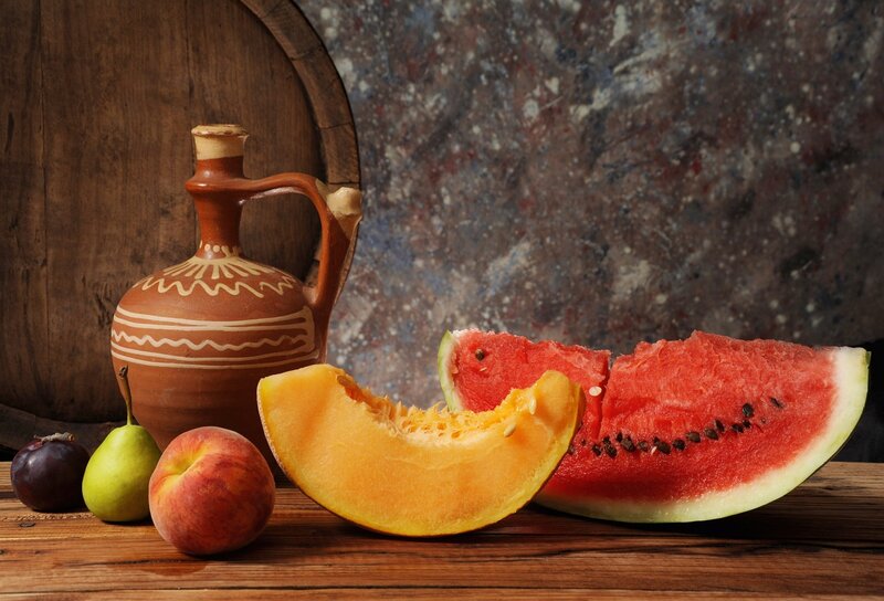 Fruit and Jug on Wood