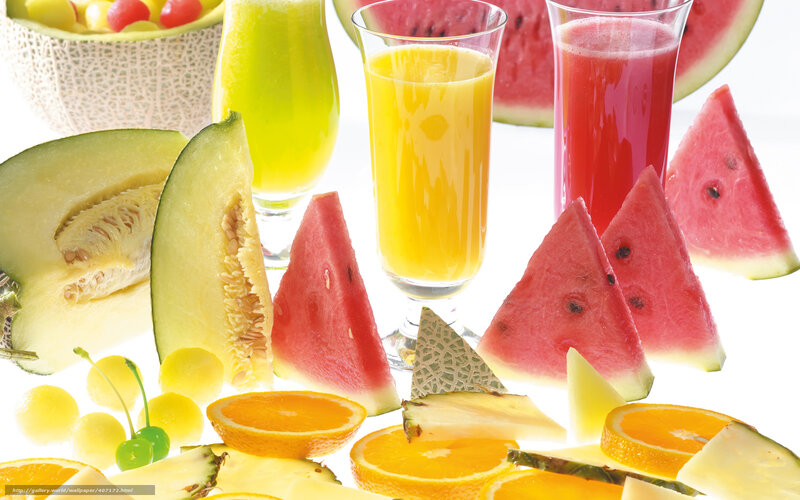 Fruit and Juice Arrangement — White, Fresh, Photograph