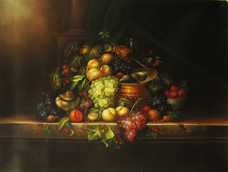 Fruit and Metalware on Ledge