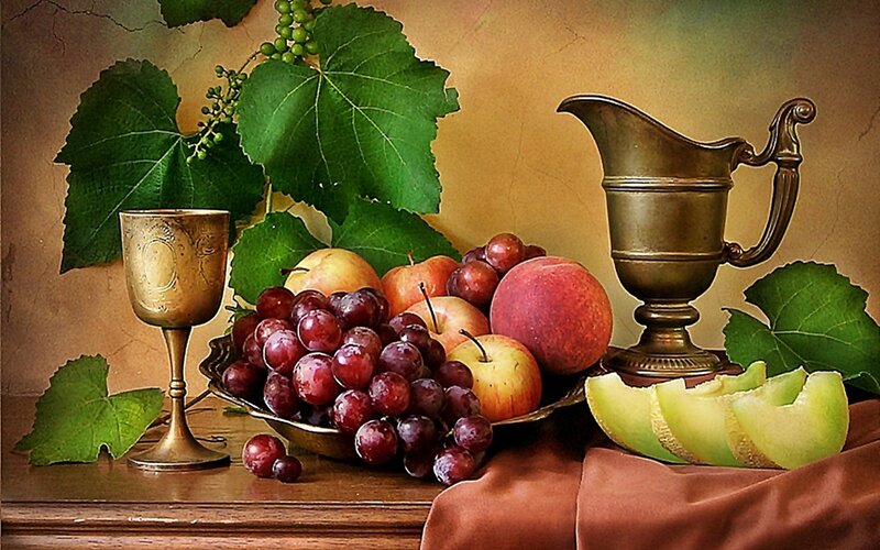 Fruit and Metalware Still Life — Brown