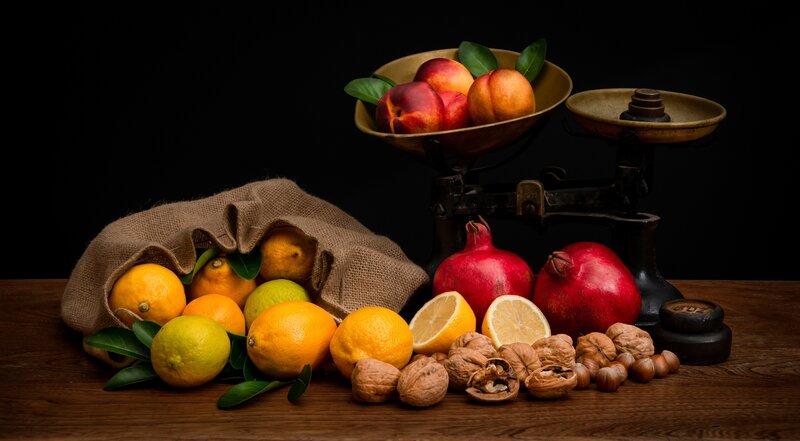 Fruit and Nuts on Table — Brown