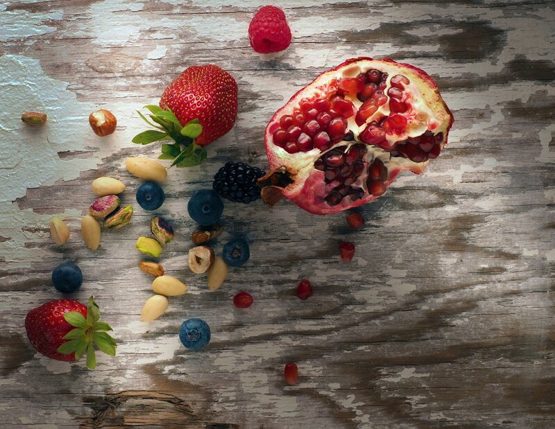Fruit and Nuts on Wood